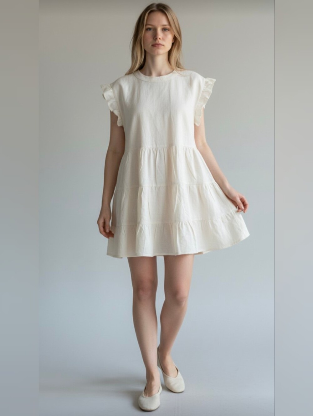 ADYSON PARKER! CREAM LINEN BLEND! TIERED RUFFLE SKIRT, SHOULDER RUFFLE DRESS! L